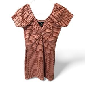 Volcom Ruched Stripe Mini Dress Rust/Orange Short Sleeve Size Small NWT